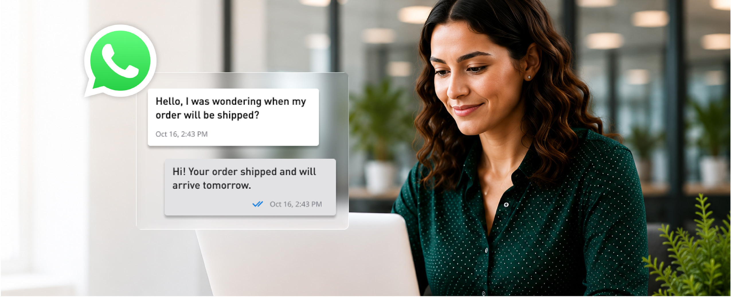 A WhatsApp conversation with a customer, viewed on a laptop