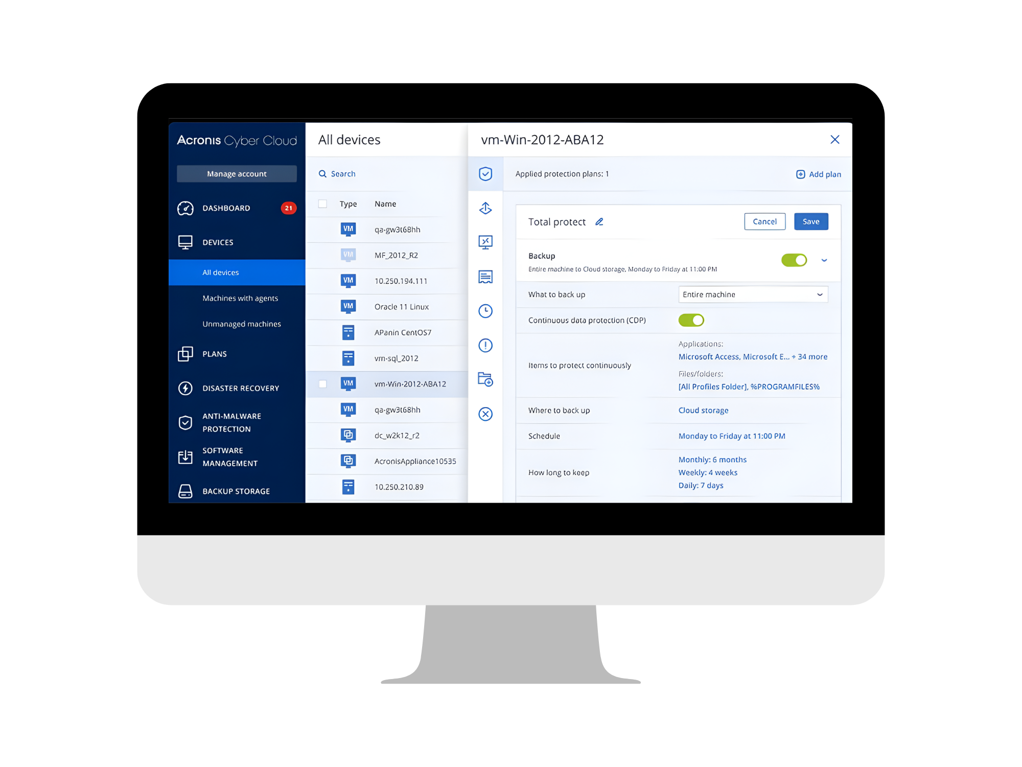 The Acronis security dashboard